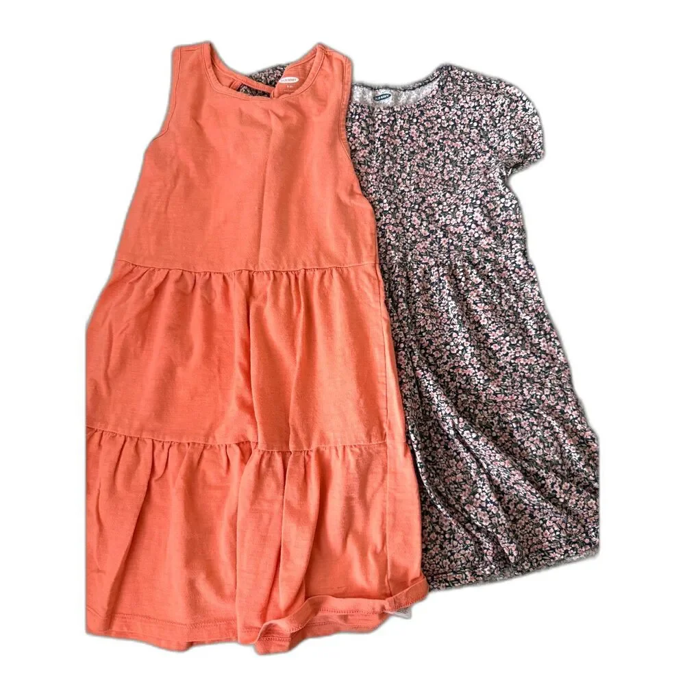 Lot of 2 Old Navy Girls Tiered Dresses Size M 8 Coral Pink Floral Short Sleeve